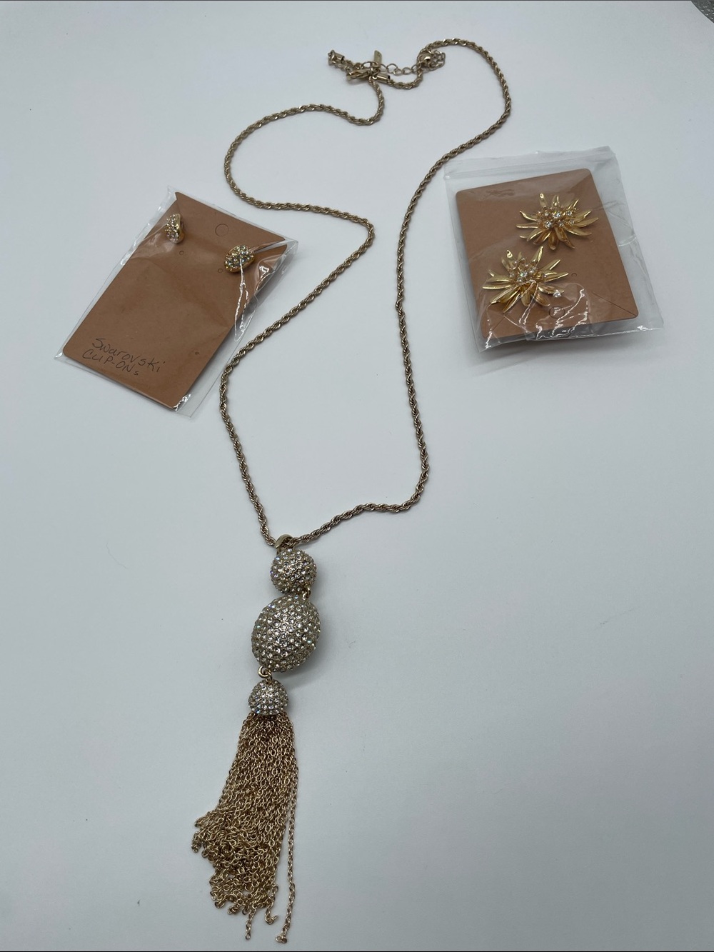WHBM Gold Pave Crystal Tassel Pendant Necklace, Swarovski ClipOn Earrings